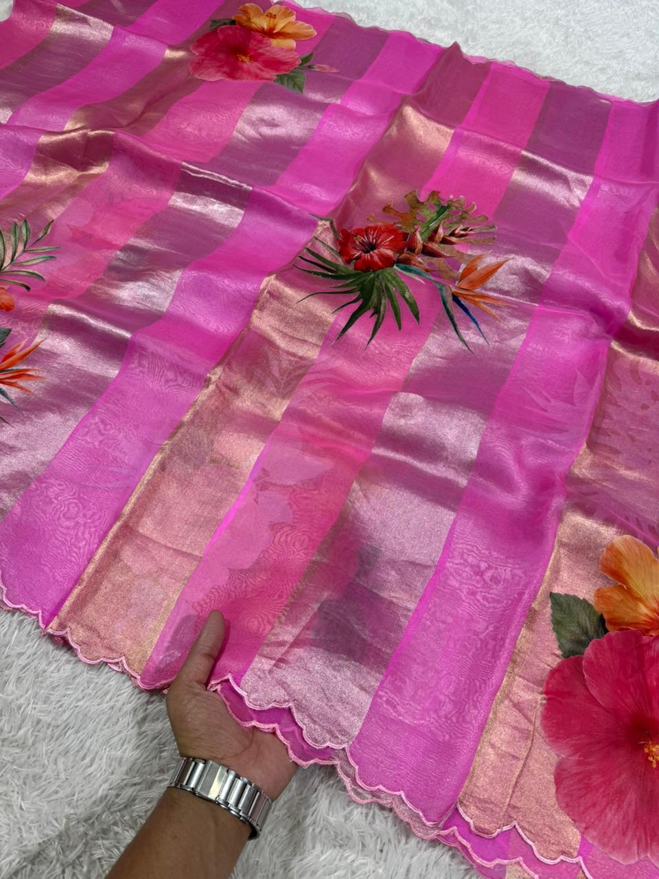 Kora Organza Tissue Silk Applique with 5D Print Saree