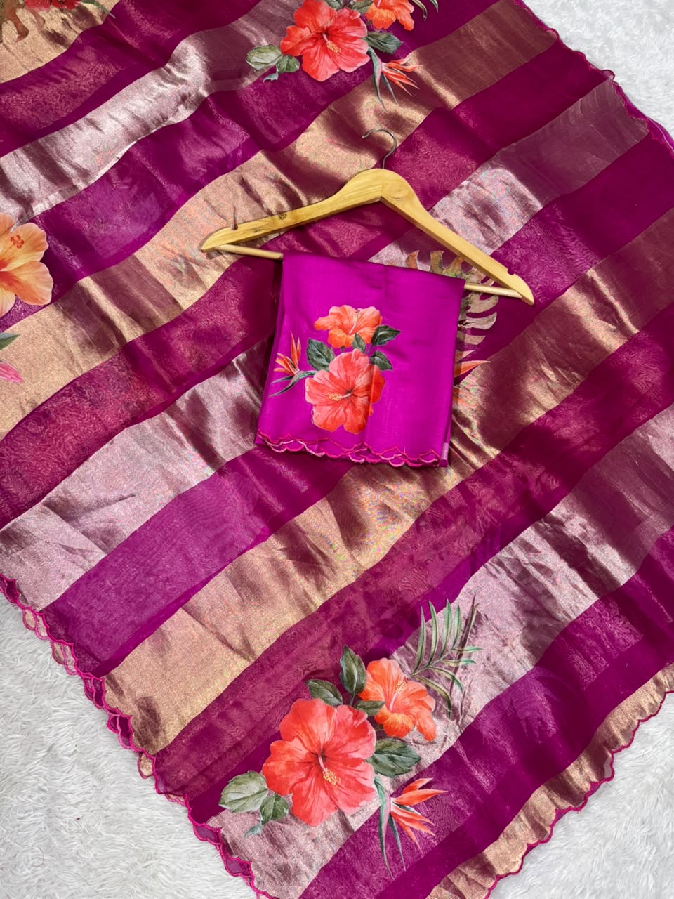 Kora Organza Tissue Silk Applique with 5D Print Saree