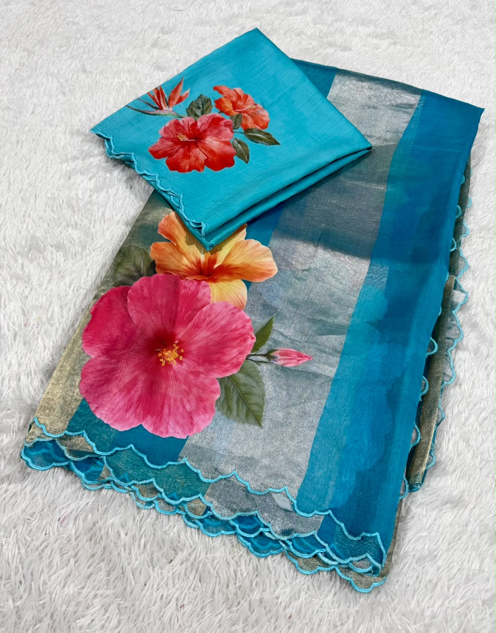Kora Organza Tissue Silk Applique with 5D Print Saree