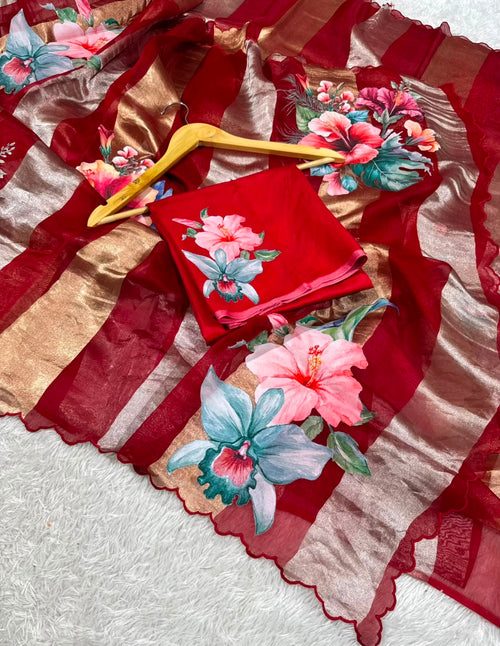 Kora Organza Tissue Silk Applique with 5D Print Saree