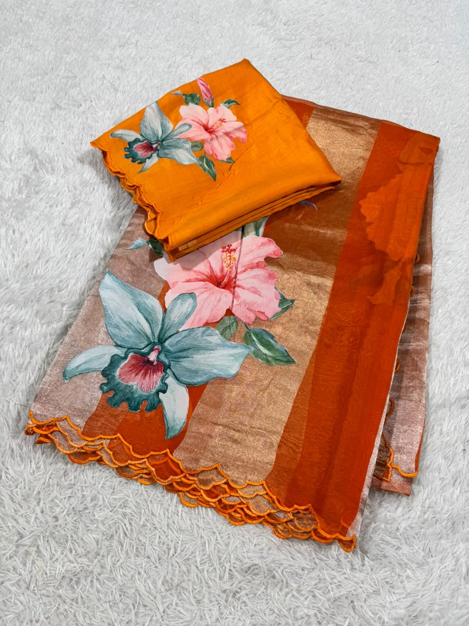 Kora Organza Tissue Silk Applique with 5D Print Saree