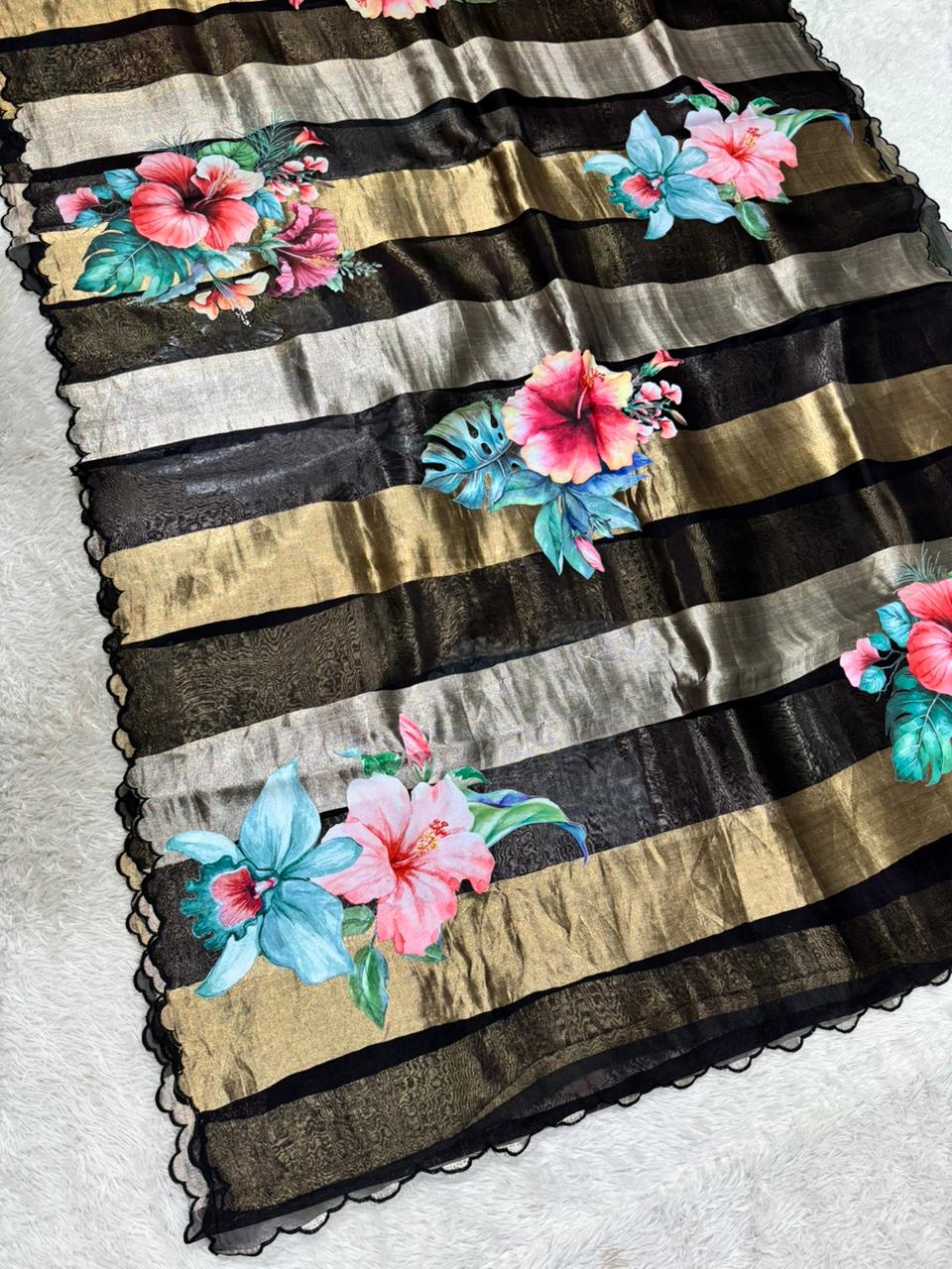 Kora Organza Tissue Silk Applique with 5D Print Saree