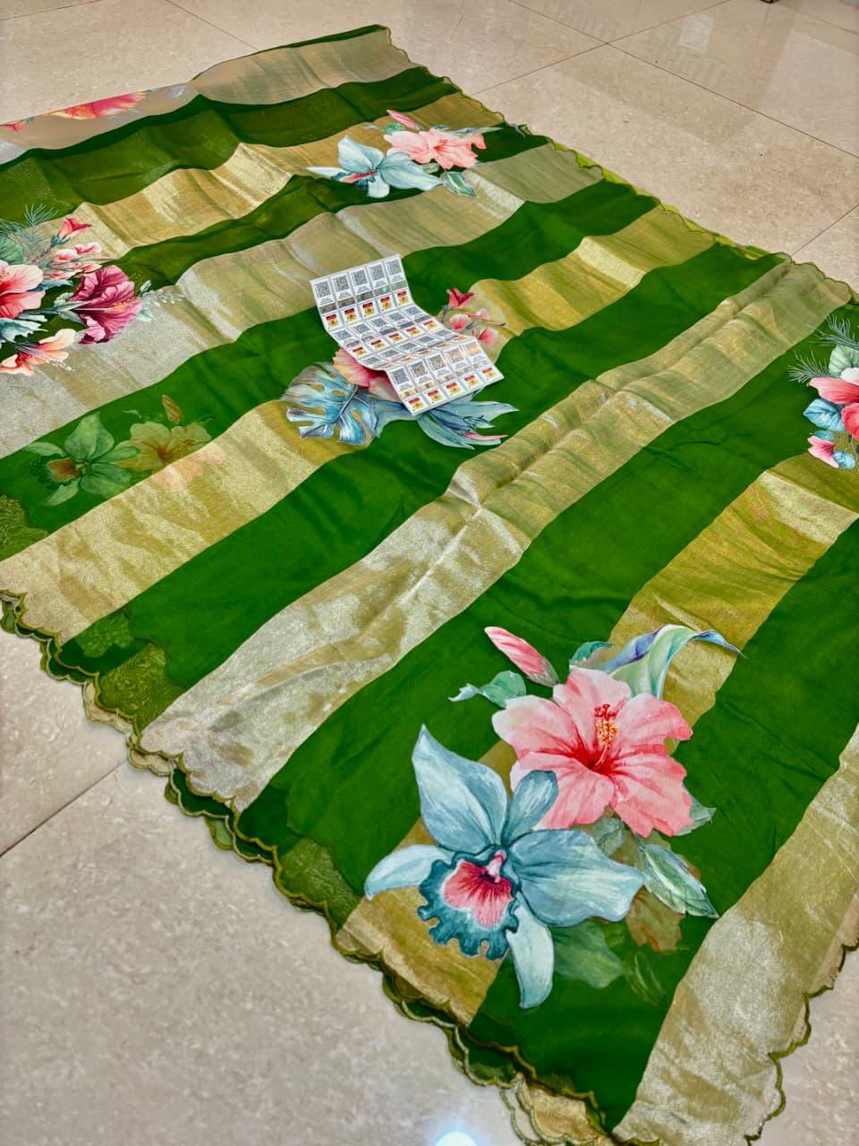 Kora Organza Tissue Silk Applique with 5D Print Saree