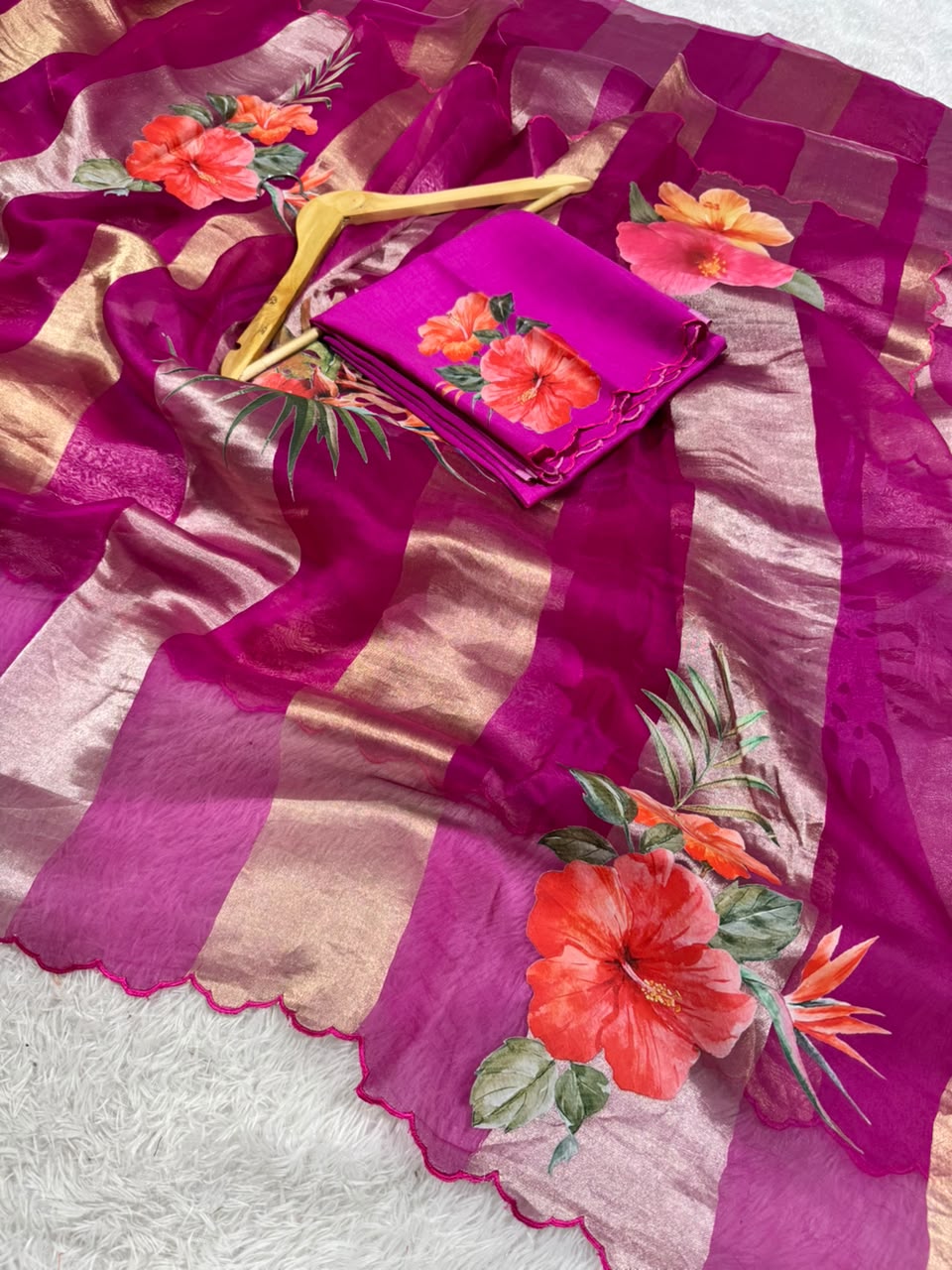 Kora Organza Tissue Silk Applique with 5D Print Saree
