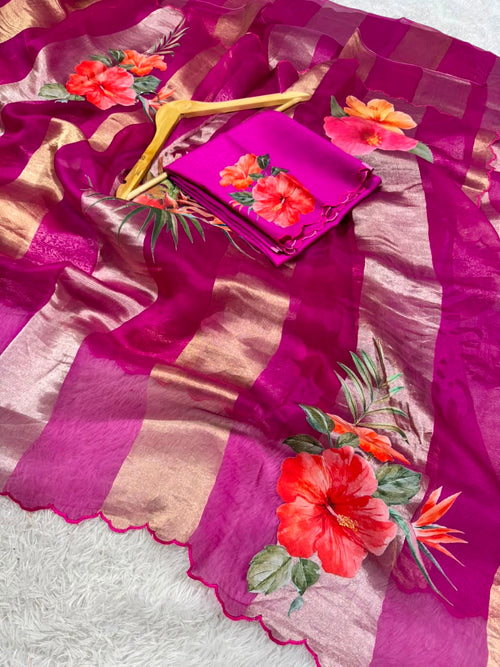 Kora Organza Tissue Silk Applique with 5D Print Saree