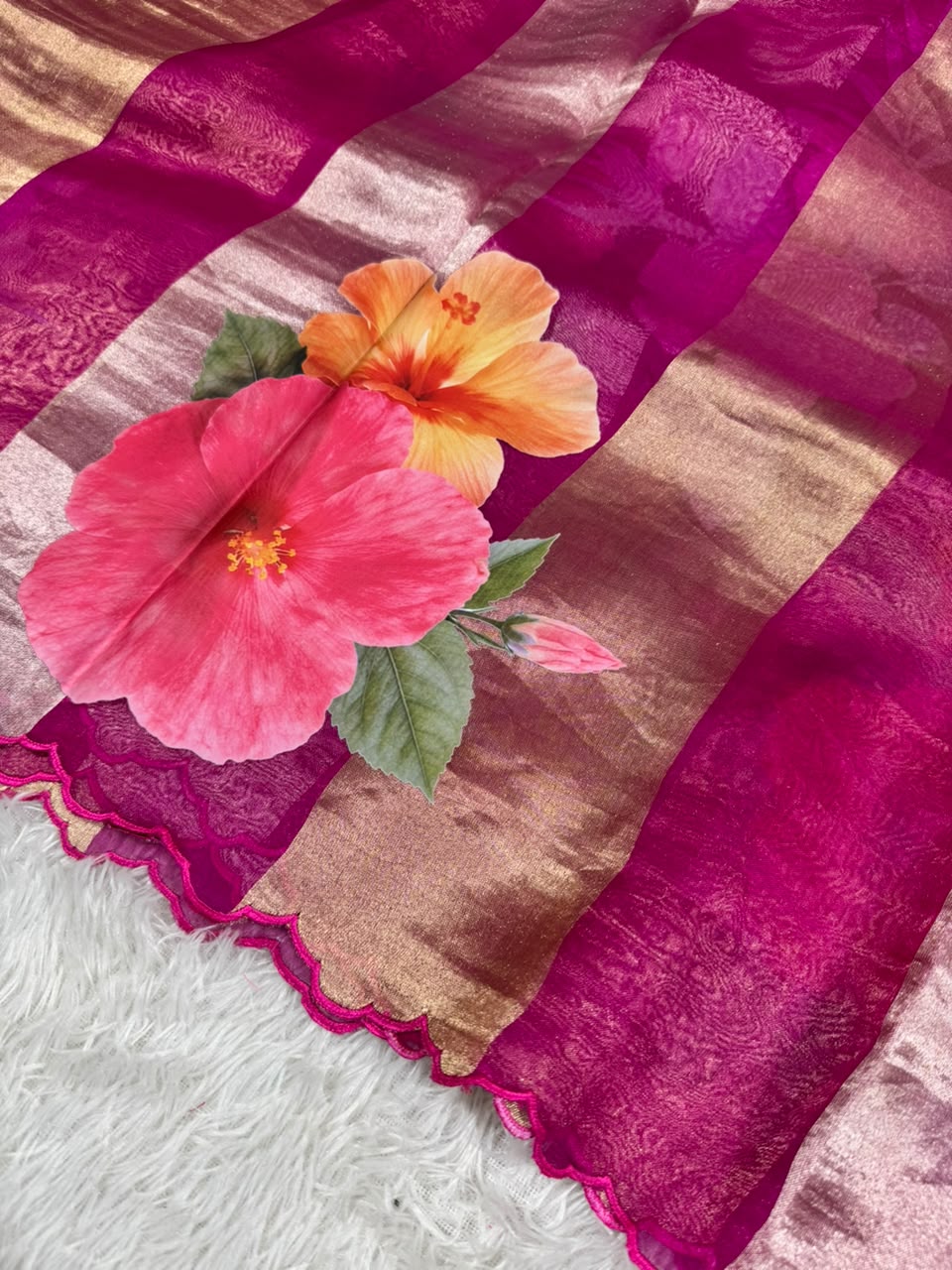 Kora Organza Tissue Silk Applique with 5D Print Saree