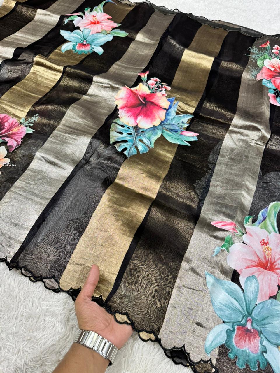Kora Organza Tissue Silk Applique with 5D Print Saree